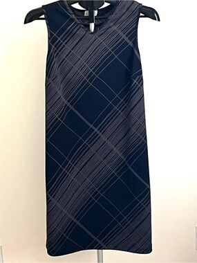 BCBG MaxAzria Navy Sleeveless Shift Dress w/Light Gray Lines Size Medium
